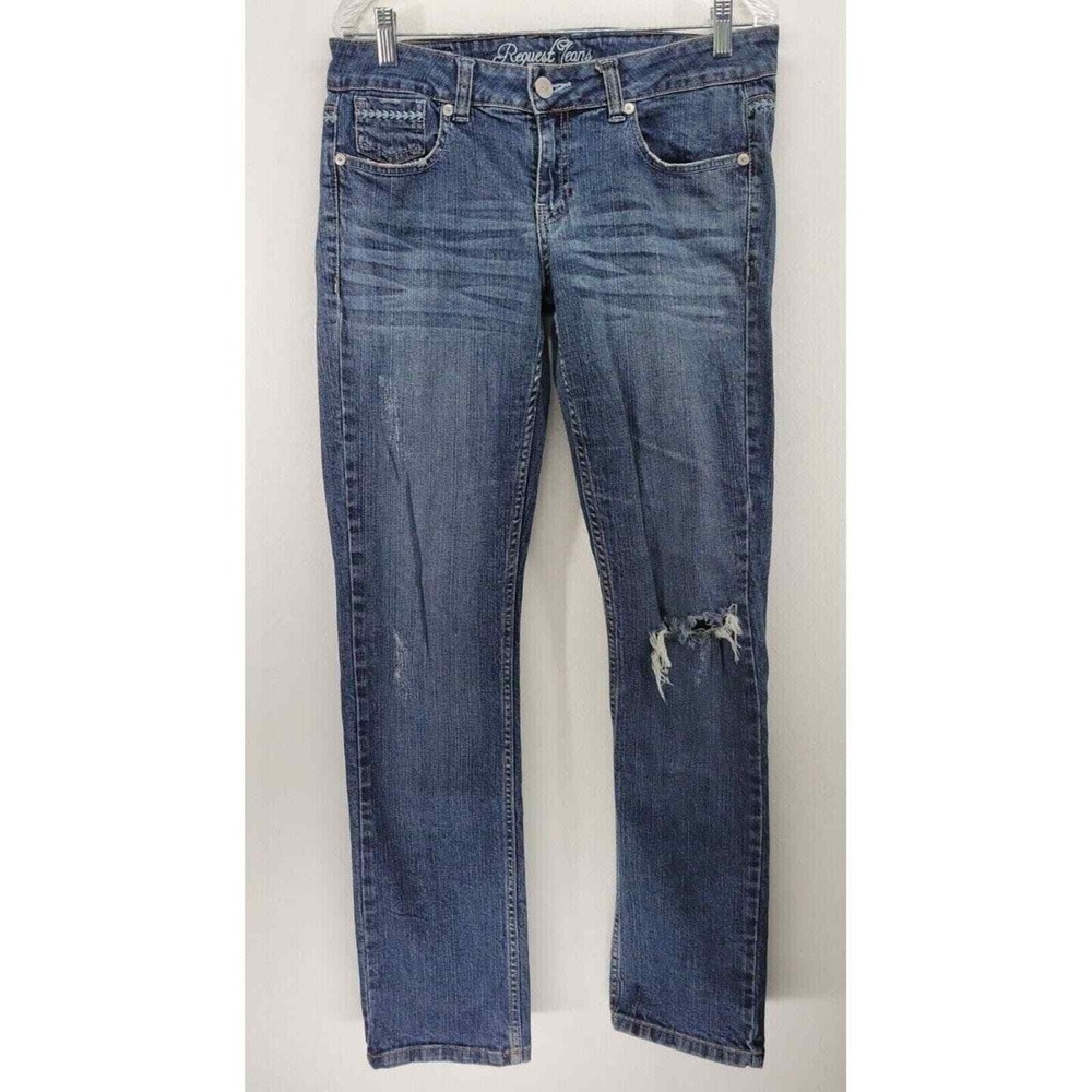 Request Jeans Womens‎ 12/32 Straight Leg Medium Wash Distressed Blue Denim Pants